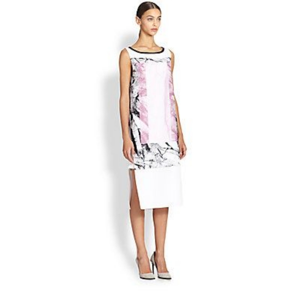 Helmut Lang Mason Marble-Print Dress w/ Cutaway Sides Pink, White, Black Size: 6